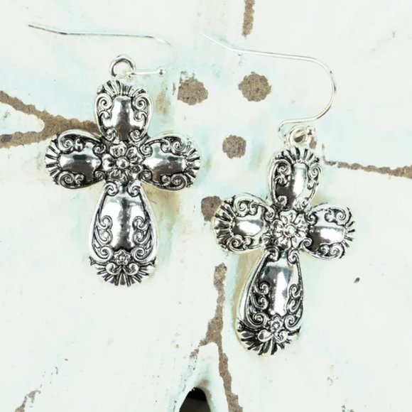 One Blessed Nana Jewelry - 🟩 NWT *BOUTIQUE*  SILVERTONE SCROLL NEWHILL CROSS EARRINGS